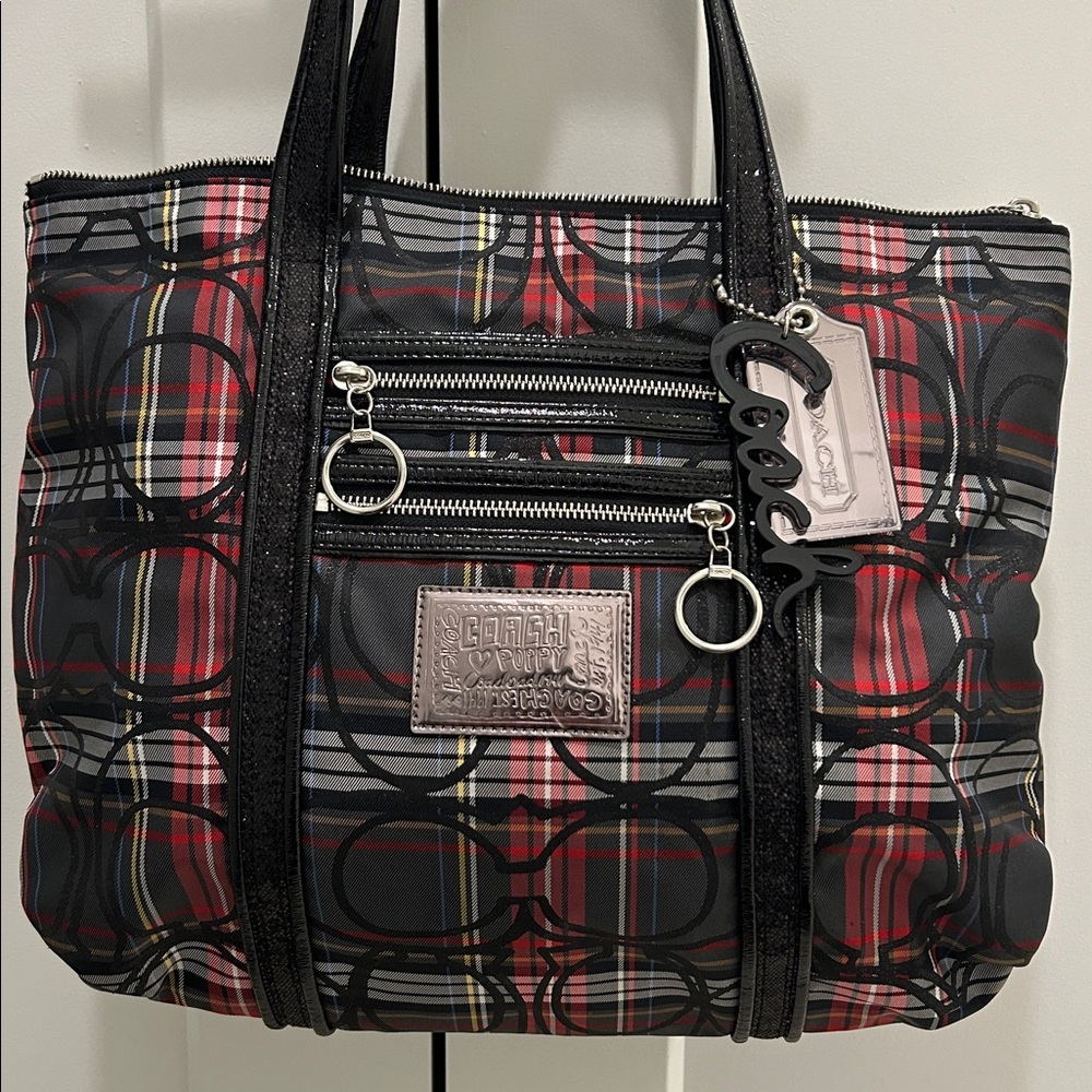 Coach (EUC) Poppy Black and Red Plaid Tote with Black Sequin Trimming & Handles
